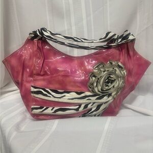 Pink Shoulder Bag with Zebra Print and Flower Embellishment